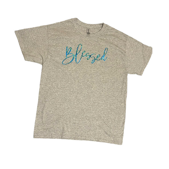 Blessed Custom T-Shirt Unisex Large Gray with Metallic Blue Graphic Christian - Picture 2 of 5